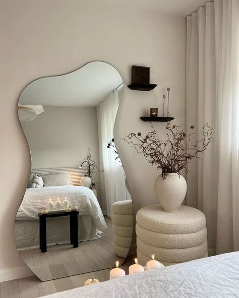 Aesthetic full length irregular mirror decor ideas with our mirror.✨ Diy Interior, Cosy Bedroom, Minimalist Bedroom, Wavy Mirror, Bedroom Mirror, Living Room Mirrors, White Bedroom, Room Aesthetic, Cozy Bedroom