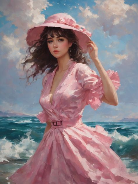 Lady in pink vintage dress, walking by the ocean, AI art, oil painting Pink Vintage Dress, Lady In Pink, Pink Prints, Vintage Pink Dress, Dress Painting, Lady In Waiting, Pink Painting, Painting Of Girl, By The Ocean