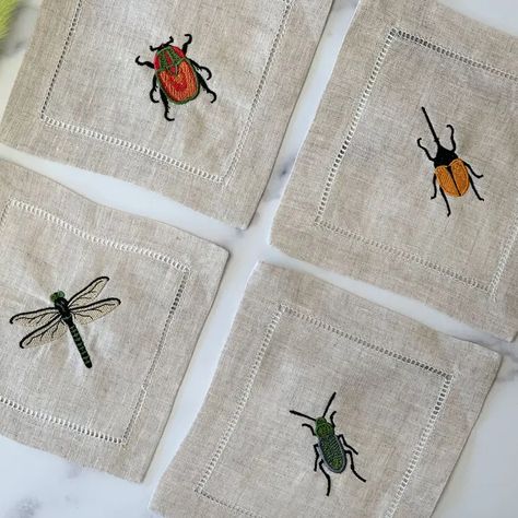 Wholesale Insect Embroidered Coasters and Dinner Napkins, Set of Four for your store | Faire Insect Embroidery, Brunswick Georgia, Embroidered Coasters, Monogrammed Linens, Embroidered Napkins, Book Stationery, Candle Diffuser, Home Candles, Stitching Art