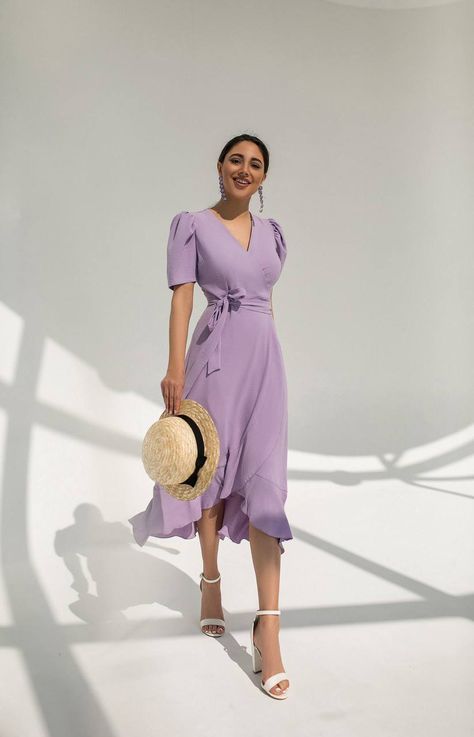 Lavender Floral Dress Casual, Lilac Wrap Dress, Midi Dress Formal With Sleeves, Lavender Dress Casual Midi, Short Sleeve Wrap Dress, Lilac Formal Dress Midi, Lavender Dress Outfit Casual, Pastel Dresses Casual, Formal Midi Dress With Sleeves