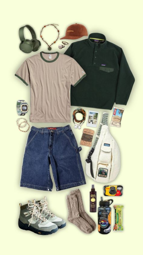 #aestheticoutfit #outfit #outfitinspiration #outfitinspo #hiking #aesthetic #green Hiking Male Outfit, Mens Hiking Outfit Summer Style, Green Male Outfit, Vintage Hiking Outfit, Mens Hiking Outfit Summer, Granola Boy Outfits, Day Hike Outfit, Hiking Aesthetic Outfit, Cozy Summer Outfits