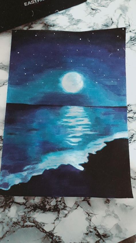 Day And Night Watercolor Painting, Night Sky Beach Painting, Beach Painting Night, Beach At Night Painting Easy, Beach At Night Drawing, Night View Painting Easy, Beach Silhouette Painting, Night And Day Painting Easy, Ocean View Painting