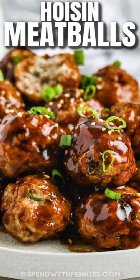 Try these easy Asian inspired meatballs made with hoisin sauce, sesame, ginger, & lime! This sticky and tangy sauce is super tasty! #spendwithpennies #asianmeatballs #meatballs #entree #appetizer #sticky #easy #sauce #spicy #pork #baked #oven #sweetandspicy #homemade #asian Essen, Meatballs Entree, Hoisin Meatballs, Meatballs Sauce Recipe, Asian Pork Meatballs, Asian Meatball Recipe, Asian Chicken Meatballs, Asian Meatballs, Tender Meatballs