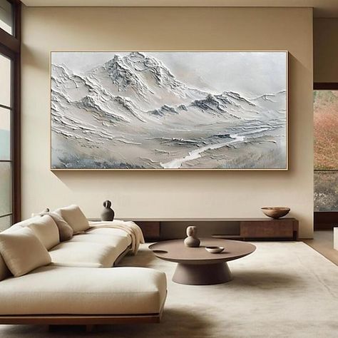 Large Painting Dining Room, Big Painting Living Room, Oil Painting Horizontal, Horizontal Canvas Painting, Snowy Mountain Painting, Large Horizontal Wall Art, Art Over Couch, Black And White Oil Painting, White Oil Painting