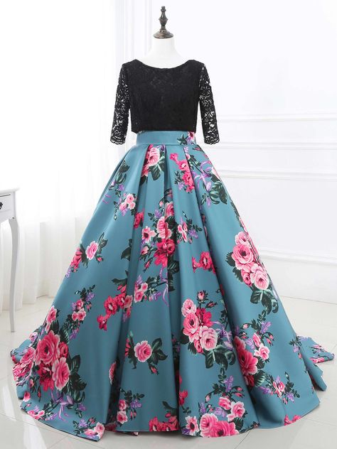Unique Bateau Ball Gown Half Sleeves Lace Printed Sweep Train Quinceanera Dress #Dress #PartyDress Kos, Floral Prom Dress, Dress With Lace Top, Prom Dress With Lace, Dresses Two Piece, Floral Prom Dresses, Ball Gown Prom, Prom Dresses Two Piece, Looks Party
