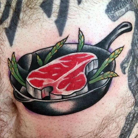 Steak Male Tattoos Old School Chef Tattoo, Culinary Tattoos Men, Neo Traditional Food Tattoo, Food Traditional Tattoo, Yes Chef Tattoo, Chef Tattoo Ideas For Men, Steak In Pan, Steak Tattoo, Food Tattoo Ideas