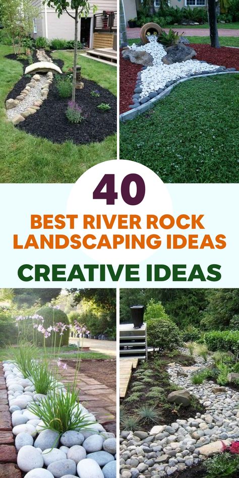 Enhance the beauty of your outdoor space with these top river rock landscaping concepts. Infuse natural elements into your landscape by incorporating river rocks to create charming borders around garden beds. Construct a captivating rock garden by blending varied sizes and hues of river rocks with resilient succulents and ornamental grasses for a water-efficient and easy-to-maintain setup. For a fluid connection between water features and land, consider lining the edges with river rocks. Pea Gravel And River Rock, Landscape Mounds And Berms With Rocks, Rock Outdoor Area, Diy Rock River Bed, Large River Rock Landscaping Edging, Landscaping Mounds And Berms, River Rock With Stepping Stones, Gravel Rock Landscaping, River Rock Wall Landscaping