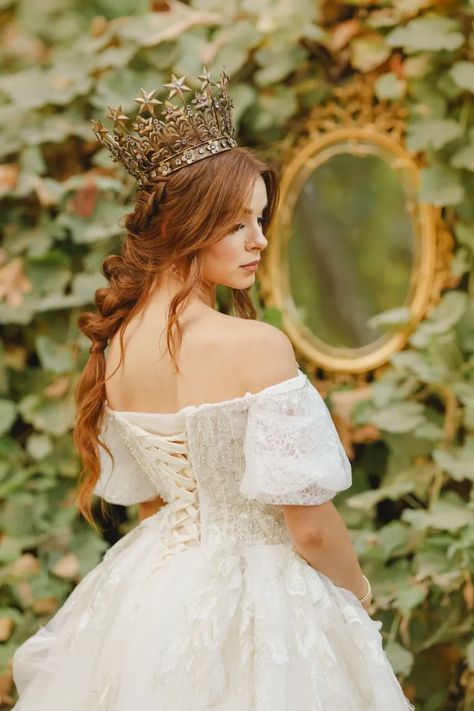 You'll Need Your Crown and Princess Gown for This Luxurious Fairytale Wedding - Green Wedding Shoes Princess Photoshoot Woman, Queen And Princess Photoshoot Ideas, Princess Inspired Photoshoot, Princess Poses Photography, Fairytale Wedding Photos, Princess Photo Shoot Ideas, Princess Wedding Aesthetic, Princess Photoshoot Ideas, Princess Gown Royalty