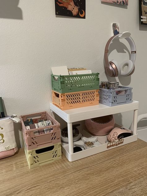 Pastel, Uni Desk, Pastel Storage, Organization Goals, Things From Amazon, Crate Desk, Storage Crates, Dorm Desk, Aesthetic Room Inspo