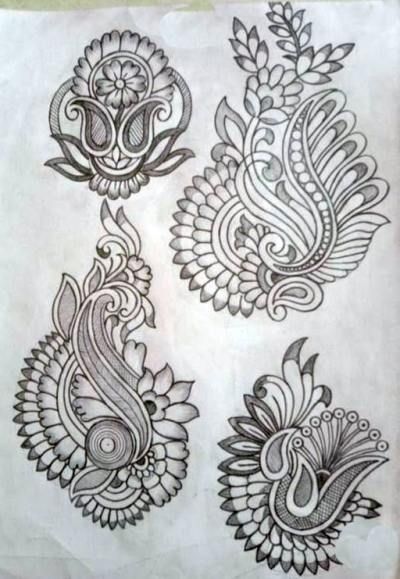Aari Designs For Tracing, Butta Design Sketch, Embroidery Sketches Design, Khaka Designs Embroidery, Neck Designs Embroidery, Embroidery Designs Sketch, Blouse Embroidery Designs, Buta Design, Khaka Designs
