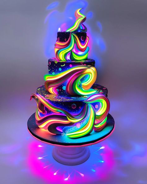 Neon cakes 🎂🎂🎂 would you have this on your bday or wedding 👀 #neon #cake #wedding #party Essen, Glow Theme Birthday Cake, Glow In Dark Cake Ideas, Glow Party Cakes, Neon Drip Cake, Glow Party Birthday Cake, Disco Party Cake Ideas, Neon Cakes Glow Birthday Parties, Glow In The Dark Cake Ideas