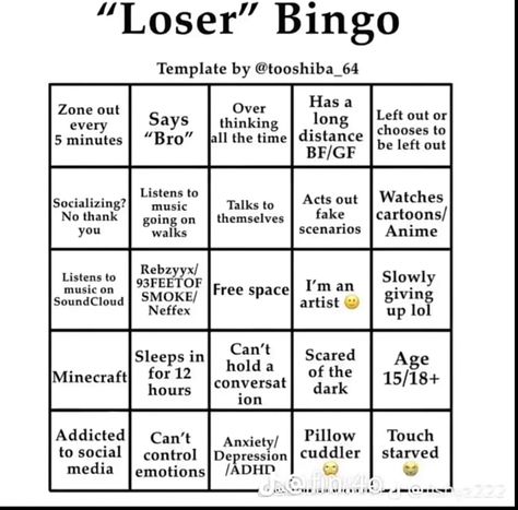 Loser Bingo, Fill The Jars Template, School Is Killing Me, Personality Chart, About Me Template, Funny Charts, Character Sheet Template, Bingo Sheets, Bingo Template