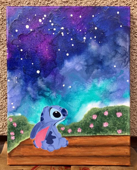 Lilo and Stitch painting with melted crayon background. Lilo And Stitch Acrylic Painting, Lilo And Stitch Painting Canvases, Painting Ideas Stitch, Stitch Painting Canvases, Stitch Disney Painting, Stitch Painting Canvases Easy, Stitch Acrylic Painting, Painting Ideas Big Canvas, Lilo And Stitch Painting