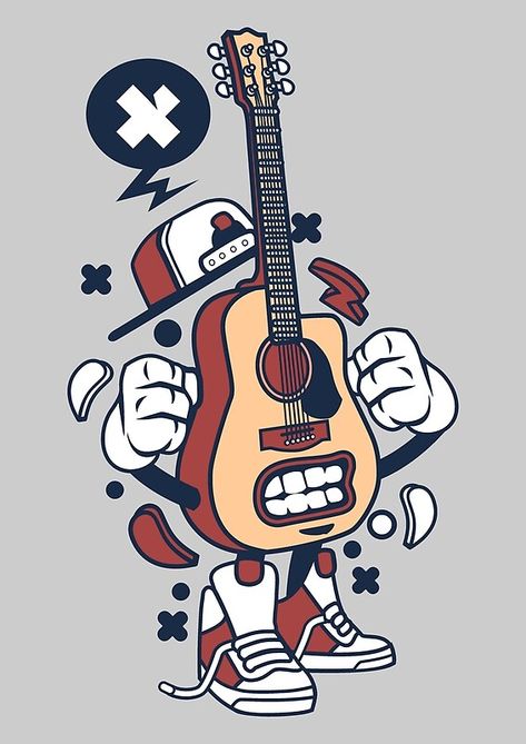 Guitar Cartoon Character - Funny illustration Doodle Cartoon Art, Guitar Character Design, Guitar Illustration Drawing, Music Cartoon Art, Graffiti Guitar, Cartoon Guitar, Guitar Cartoon, Street Cartoon, Guitar Illustration