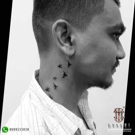 Creative Tattoo Designs, Bird Tattoo Neck, Small Bird Tattoos, Black Men Tattoos, Artistic Portrait Photography, Side Neck Tattoo, Vogel Tattoo, Flying Bird Tattoo, Ear Tattoo Ideas