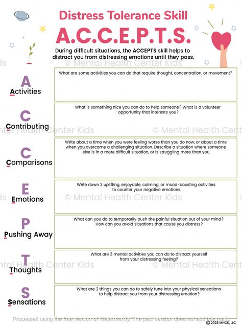 DBT ACCEPTS Worksheet – Mental Health Center Kids #Nurturing #FitnessTips #Understanding #Mental #Health #HealthyLifestyle #Emotional #Wellbeing #HealthTips Dbt Exercises For Adults, Dbt Activities For Teens, Dbt Worksheet Activities, Radical Acceptance Dbt Worksheet, Distress Tolerance Activities, Emdr Resources, Counselling Techniques, Dbt Worksheet, Dbt Activities