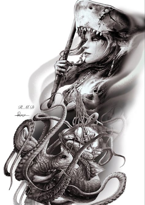 Scary Ocean Tattoo, Octopus Woman Tattoo, Sea Monsters Tattoo, Mermaid Warrior Tattoo, Kraken Attacking Ship Tattoo, Realistic Siren Tattoo, Nautical Back Tattoo, Under Water Tattoo Ideas, Female Pirate Tattoo