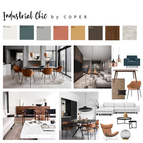View this Interior Design Mood Board and more designs by COPER on Style Sourcebook Concept Mood Board Interior Design, Interior Designing Mood Board, Scandinavian Industrial Interior Design, Industrial Contemporary Interior, Interior Design Office Mood Board, Mix And Match Interior Design, Modern Industrial Mood Board, Mood Board For Office Interiors, Modern Design Mood Board