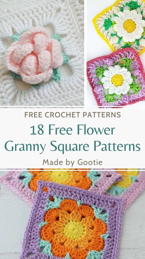 18 Free Crochet Flower Granny Square Patterns - Made by Gootie Round Crochet Granny Square, Daisy Granny Square Crochet Pattern, Flower Granny Square Diagram, How To Join Granny Squares Together, Crochet 3d Flowers Free Pattern Granny Squares, Floral Granny Square Crochet Pattern Free, Fancy Granny Squares, What To Do With Granny Squares Ideas, Floral Granny Squares Free Pattern