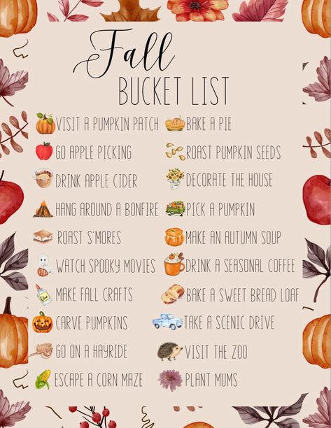 This is a list of fall bucket list full of fall activities. Fall Baking Bucket List, October Fall Bucket List, Fall Date Checklist, Family Fall Bucket List Printable, Fall Homeschool Bucket List, Fall Plans Ideas, Fall Activity Checklist, Fall Outing Ideas, Bucket List Fall Ideas