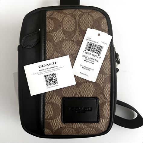 Coach Edge L Pack Sling Bag Signature Khaki/Brown & Black Cm455 Adjustable Strap Soft Padded Mesh Backing Zippered Closure Outer Zippered Side Pocket Small Inner Pouch Pocket Approximate Measurements: 7.5” X 5” X 2” New With Tag! Gorgeous Bag! 5.6 Coach Sling, Coach Briefcase, Pack Bag, Convertible Crossbody Bag, Card Case Wallet, Leather Laptop Bag, Wallet Gifts, Leather Laptop, Gorgeous Bags