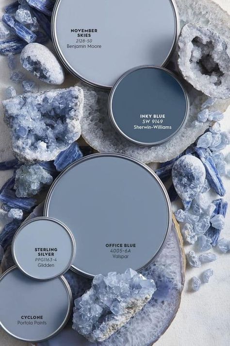 Bathroom Paint Colors Blue Gray, Behr Paint Colors Beach House, Coastal Elegant Bedroom, Dark Grey And Blue Bedroom, Silver Blue Paint Color, Blue Living Room Color Scheme Walls, Colors That Go With Silver, Blue Interior Paint Colors, Pretty Room Colors