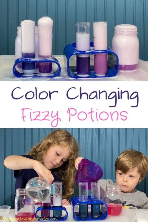 Color Changing Fizzy Potions | Inspiration Laboratories Montessori, Red Cabbage Juice, How To Make Potions, Potions For Kids, Science Birthday Party Ideas, Brownie Badges, Science Area, Spelling For Kids, Cabbage Juice