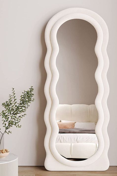 Wavy Frame Mirror, White Room Accessories, Girl Bedroom Mirror, Long Mirror In Bedroom Aesthetic, White Bedroom Mirror, Long Mirror In Bedroom, Pink Geometric Wallpaper, Wave Mirror, Trendy Mirrors