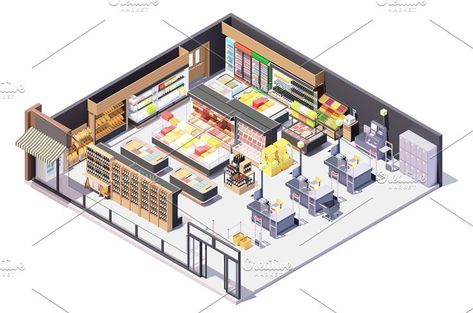 Vector isometric supermarket Interior Supermarket, Wine Shop Interior, Supermarket Design Interior, House Projects Architecture, Building Interior, Architecture Drawing Plan, Supermarket Design, Architecture Design Drawing, Isometric Illustration