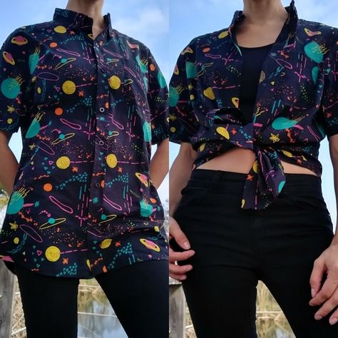 Super Massive - Men's Button Up Shirt Outer Space Pattern Button Shirt Reference, Arcade Carpet Button Up Shirt, Pattern Button Up, Colorful Button Up, 80s Space Fashion, Graphic Button Up, Funky Button Ups, Space Aesthetic Outfit, Kai Outfits