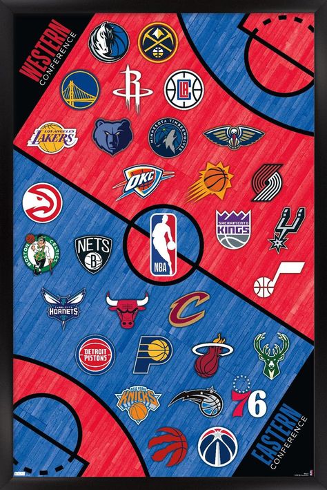 PRICES MAY VARY. THIS TRENDS NBA LEAGUE - LOGOS 22 WALL POSTER uses high-resolution artwork and is printed on PhotoArt Gloss Poster Paper which enhances colors with a high-quality look and feel POSTER FRAME is a clean and modern design offered in a variety of colors to showcase the art and compliment any room decor LIGHTWEIGHT & EASY TO HANG construction allows for a quick installation of this framed poster using the attached sawtooth hanger so you can enjoy your wall art immediately PERFECT SIZ Logos, Basketball Wall Art, Wall Poster Prints, Sports Prints, Canvas Paintings For Sale, Barn Wood Frames, Back Art, Nba Teams, Frames For Canvas Paintings