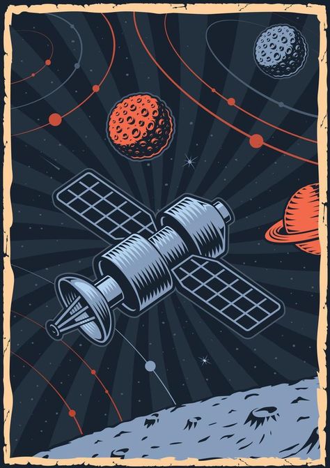 Colour space poster with illustration of a satellite in vintage style. International Space Station Illustration, Space Satellite Illustration, Space Satellite Drawing, Satelite Drawings, Space Vector Illustration, Satellite Painting, Space Design Illustration, Satellite Drawing, Satelite Art