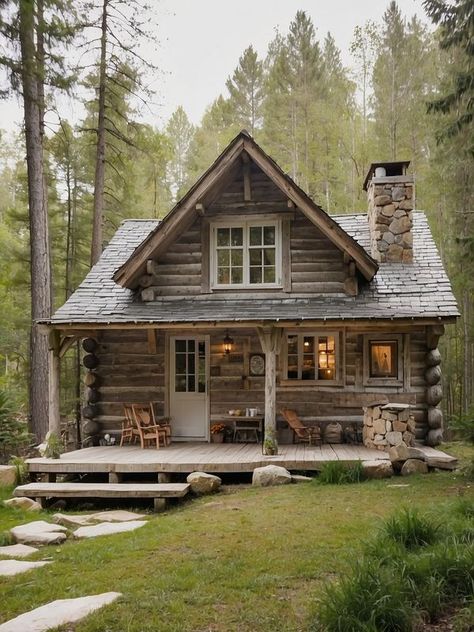 Log Cabin Small Log Cabin Homes Interior, Log Cabin Homes Exterior, Log Cabin Exterior Ideas, Cozy Cabin Aesthetic, Tiny Cabin Plans, Cozy Cabin In The Woods, Log Cabin Exterior, Building A Small House, Small House Exterior