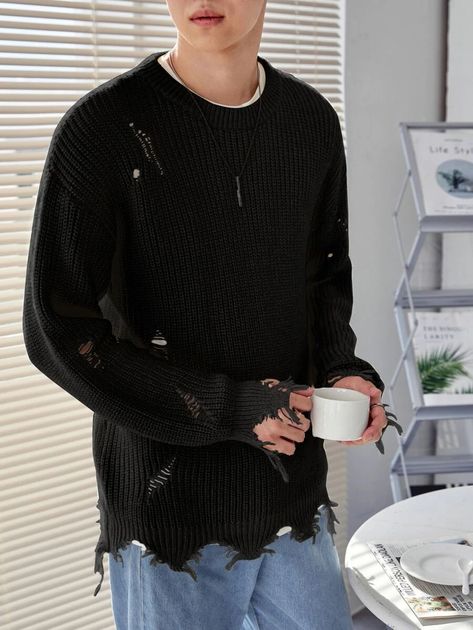 Men Drop Shoulder Ripped Distressed Sweater | SHEIN USA Guy All Black Outfit, Mens Gothic Fashion Casual, Black Knit Sweater Outfit Men, Ripped Sweater Outfit Men, Goth Fashion Men’s, Vampire Style Men, Afro Goth Men, Alternative Fashion Men Grunge, Punk Outfits Men Grunge