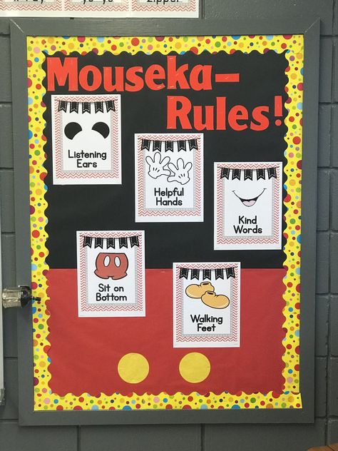 Mickey Mouse Theme Classroom Decorations, Mickey Mouse Daycare Theme, Mickey Mouse Birthday Board Classroom, Decorate Disney Hotel Room Window, Disney Classroom Rules, Mickey Mouse Clubhouse Bulletin Board, Disney Themed Daycare Room, Disney Classroom Calendar, Disney Library Bulletin Boards