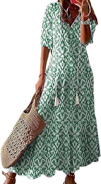 BAQIFEN Women's Summer Casual Boho Floral Dress Short Cap Sleeve High Waist A Line Swing Sundresses for Womens Medium Length Dresses, Dresses For Over 50, Traje Casual, Langer Rock, Hem Design, Beach Maxi Dress, Maxi Robes, Large Dress, Floral Print Maxi Dress