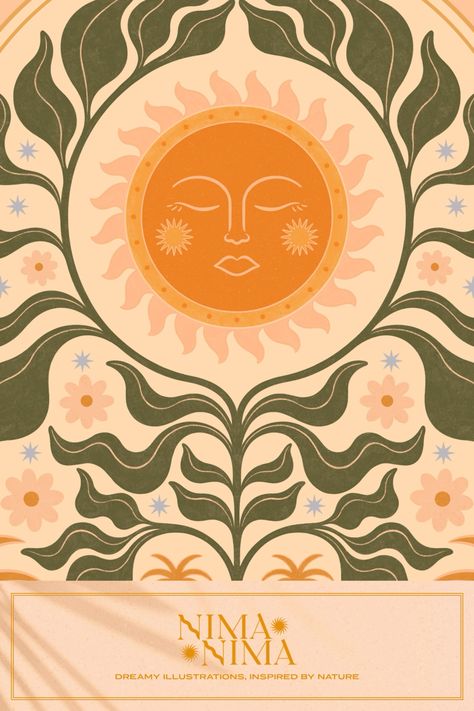 Mediterranean Illustration Design, Boho Poster Design, Boho Floral Art, Mediterranean Illustration, Boho Illustration Art, Gallery Wall Pink, Sun Mural, Natural Illustration, Boho Posters