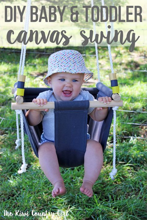 How to make a simple indoor or outdoor DIY baby swing using canvas and wood. Step by step photos and an easy to follow tutorial to make a canvas swing perfect for babies and toddlers that will give them hours of fun! #thekiwicountrygirl #swing #diy #project #babies #toddler #homemade #sewing Montessori, Patchwork, Diy Baby Swing, Wooden Baby Swing, Baby Swing Chair, Baby Swing Outdoor, Swing Indoor, Diy Swing, Baby Diy Projects