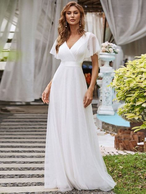 Double V-Neck Floor-Length Short Sleeve Tulle Bridesmaid Dresses country wedding ideas, wedding coozies, wedding vendors #wedding #weddingplanning #weddingcake Mesh Prom Dress, Short Sleeve Prom Dresses, Tulle Bridesmaid Dresses, Short Sleeve Bridesmaid Dress, Womens Bridesmaid Dresses, Tulle Bridesmaid, Bridesmaid Dresses With Sleeves, Tulle Wedding Gown, White Bridesmaid Dresses