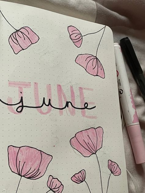 June Bullet Journal Cover Aesthetic, June Bullet Journal Cover Easy, 2024 Journal Cover Page, June Cover Page Bullet Journal, Journal Ideas June, June Journal Cover, June Journal Ideas, June Doodles, Bullet Journal June Cover