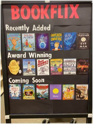 Here is my take on a BookFlix board! School Library Book Displays, School Library Bulletin Boards, Reading Corner Classroom, Halloween Classroom Decorations, School Library Displays, Interactive Bulletin Board, Reading Bulletin Boards, Library Media Center, Library Book Displays