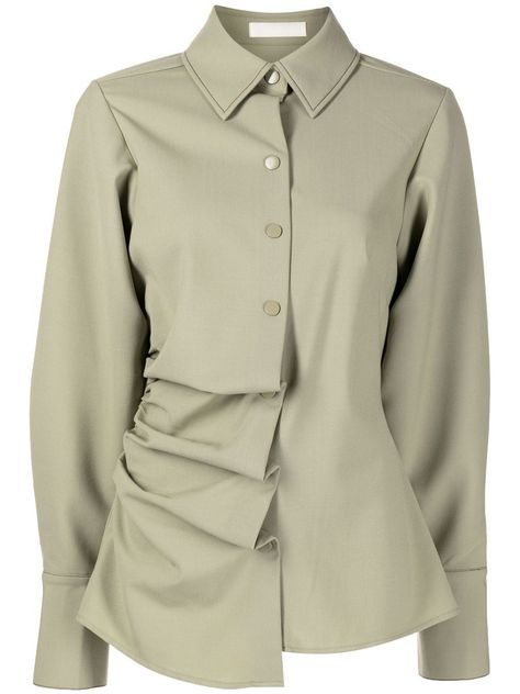 Adrien asymmetric shirt from SIR. featuring sage green, asymmetric design, ruched detailing, classic collar, front button fastening, long sleeves, buttoned cuffs and asymmetric hem. Sage Green Long Sleeve Top Outfit, Asymmetrical Button Down Shirt, Shirts Detail, Asymmetrical Outfit, Long Sleeve Top Outfit, Button Up Shirt Outfit, Reconstructed Clothing, Asymmetric Shirt, Asymmetrical Shirt