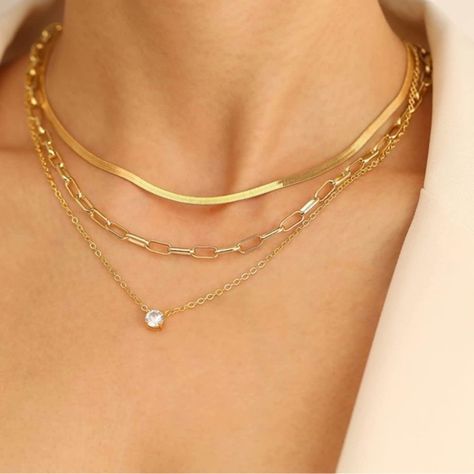 Length: Necklace 1: 15.7” Necklace 2: 16.9” Necklace 3: 17.7” All With 2” Extender Material: 14k Gold Plated Hypoallergenic No Lead Or Nickle No Fading Flat Snake Chain, Chain Layering, Layered Choker, Layered Choker Necklace, Layered Chokers, Diamond Necklace Set, Layered Necklace Set, Length Necklace, Plate Necklace