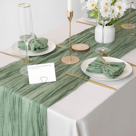 PRICES MAY VARY. 100% Woven Cotton 1 x table runner measures 300cm x 90 cm / 118 inches x 35 inches 6 x napkins are 50cm x 50cm / 19.7 inches x 19.7 inches ( 6 napkins) Cheesecloth, crinkled effect. A high quality product made from woven cotton. The cheesecloth table runner and 6 napkins set is crinkled in look, soft and perfect for your table setting. The fabric has an organic, rustic, natural, boho and vintage look and feel and is perfect for any event/party. Wedding Tables, picnic tables, bbq Sage Green Napkins Wedding Table, Sage Green And Blush Table Setting, Sage Napkins Place Settings, Sage Green Bridal Shower Table Ideas, Light Green Baby Shower Ideas, Bridal Shower Ideas Green, Sage Green Centerpieces, Disposable Wedding Table Settings, Green Birthday Aesthetic