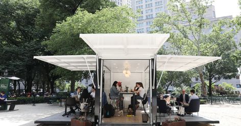 L.L.Bean has partnered with Industrious to create outdoor coworking spaces, equipped with wifi and power outlets, to get more people to spend time outdoors during the work day. Urban Furniture, Coworking Space Design, Commercial Office Space, Cool Office Space, Outdoor Office, Kiosk Design, Container Design, Cool Office, Commercial Office