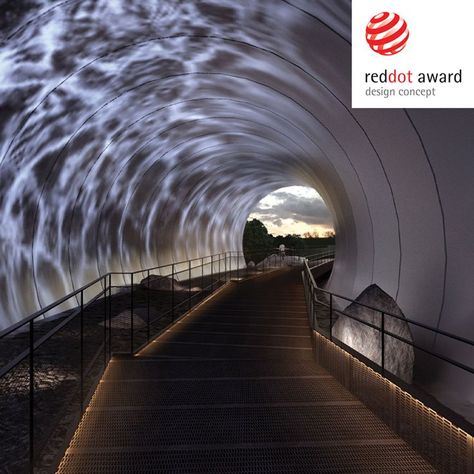 Inspired by the moon’s symbolism, the design team located the precise position and orientation of the tunnel above the valley to slice the tunnel and the entrance to the tunnel in a manner that simulates the earth-moon projection relationship.................... #RedDotAward #RedDotWInner #DesignConcept #Architecture #designedby #QuHuiYing #RanXu Tunnel Installation Art, Tunnel Design Architecture, Tunnel Entrance Design, Tunnel Exhibition, Tunnel Architecture, Mirror Tunnel, Tunnel Lighting, Water Tunnel, Space Tunnel