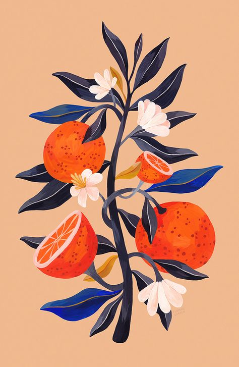 Orange Branch Painting, Poster Colour Painting Artworks, Orange Tree Drawing, Leaves Gouache, Oranges Drawing, Gouache Leaves, Gouache Art Inspiration, Guache Art Gouache Painting, Orange Tree Art