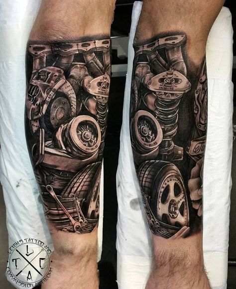 Mechanic Mens Forearm Piece | Best tattoo ideas & designs Piston Tattoo, Hot Rod Tattoo, Engine Tattoo, Gear Tattoo, Tool Tattoo, Mechanic Tattoo, Biker Tattoos, Tattoo Trend, Biomechanical Tattoo