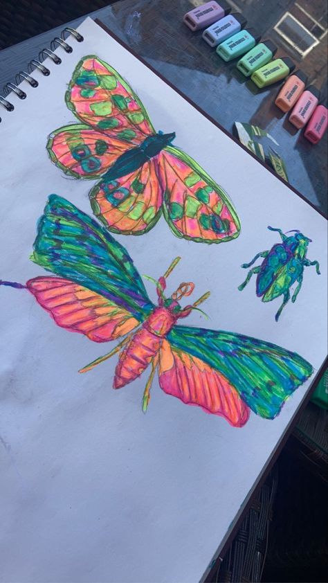 Butterfly Drawing Alcohol Markers, Highlighter And Pen Art, Highlighter Drawings Sketch, Highlighter Doodles, Highlighter Drawings, Highlighter Art, Bug Drawing, Eyestrain Art, Bugs Drawing