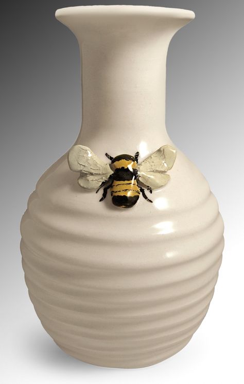Bee Vase by Lisa Scroggins (Ceramic Vase) | Artful Home #ceramic #ceramicpottery Vases With Faces Ceramics, Beehive Coil Pot, Pottery Vase With Handles, Hand Thrown Pottery Vase, Pinch Vase Pottery, Ceramic Bee Sculpture, Clay Vase Designs, Wheel Thrown Pottery Vases, Ceramic Coil Vase